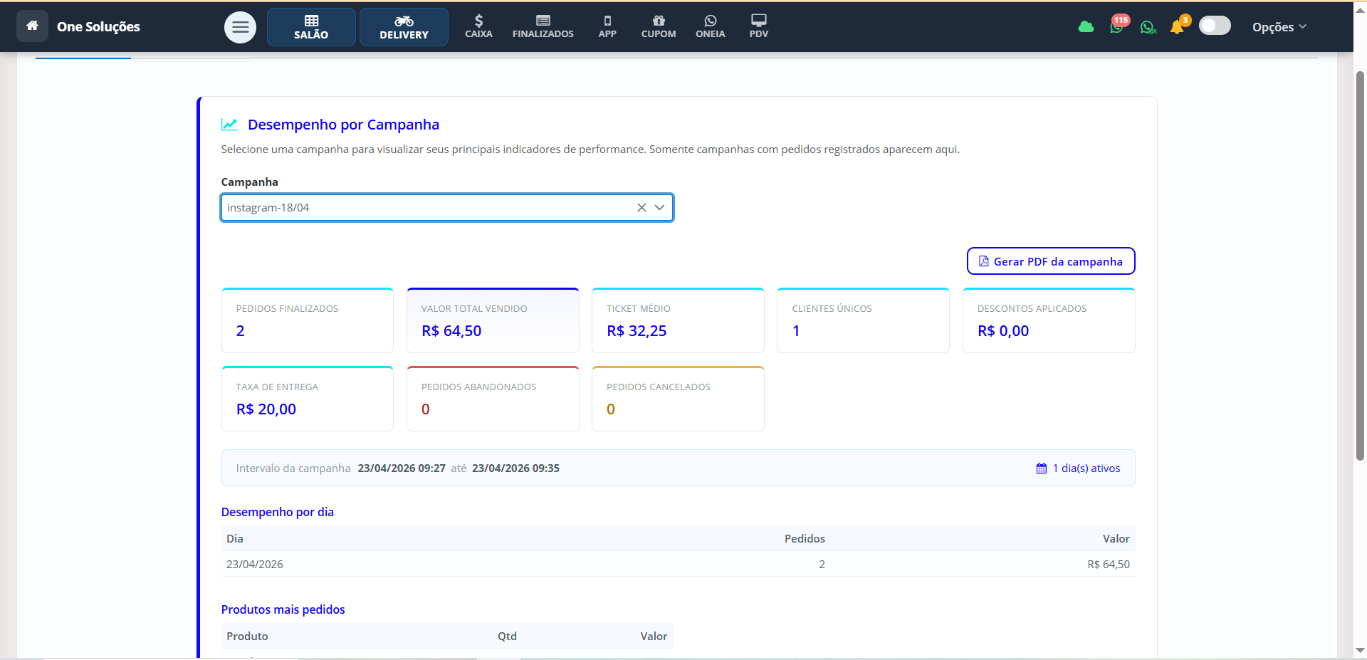 Tela do gestor de tráfego One Soluções